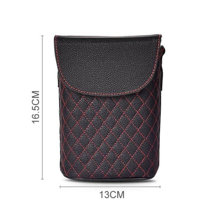 Car Back Seat Hook Trash Can for Organization and Storage - black quilted leatherette car trash bin with red stitching, 16.5x13cm compact organizer
