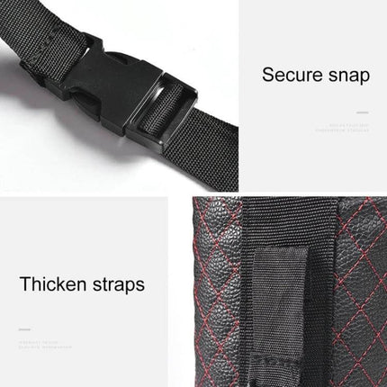 Car Back Seat Hook Trash Can for Organization and Storage - close-up of secure snap buckle and thickened straps on black quilted hanging car trash bag