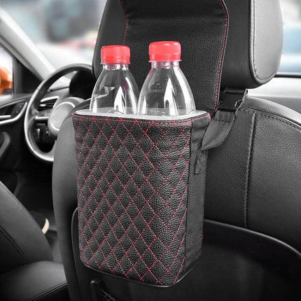Car Back Seat Hook Trash Can for Organization and Storage hanging on headrest holding bottles and small items