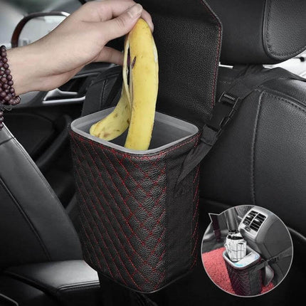 Car Back Seat Hook Trash Can for Organization and Storage - hanging leatherette car trash bin for snacks, drinks and small waste on road trips