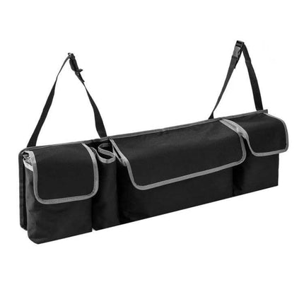 Universal Car Trunk and Seat Back Storage Organizer for Essentials - black multi-pocket trunk and seat-back organizer with straps