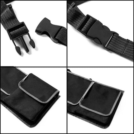 Universal Car Trunk and Seat Back Storage Organizer for Essentials showing buckles, straps and multiple pouch compartments