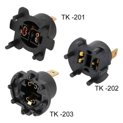 H7 Headlight Adapter For Secure LED Bulb Installation - three black plastic TK-201 TK-202 TK-203 H7 sockets showing gold contacts