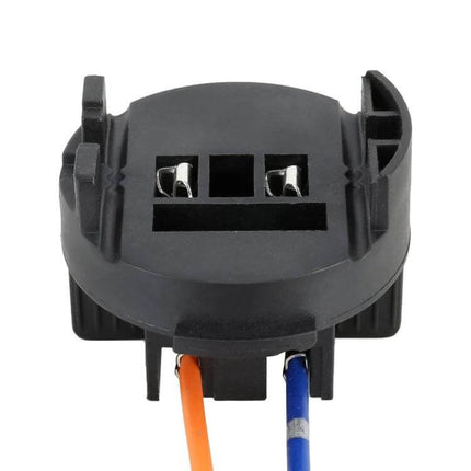 Hyundai Elantra Tail Lamp Holder For H7 Bulbs Adapter black plastic adapter with orange and blue wires, front view