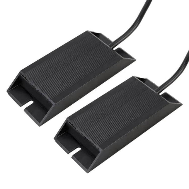 2 Pack LED Turn Signal Light Decoder With Dual Resistance compact black plug-and-play decoders for 12V turn signals and brake lights