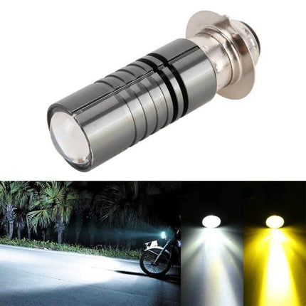 Alt Tag: Durable Aluminum Motorcycle Headlight for Easy Installation showing compact aluminum LED bulb and bright white/yellow beam lighting road