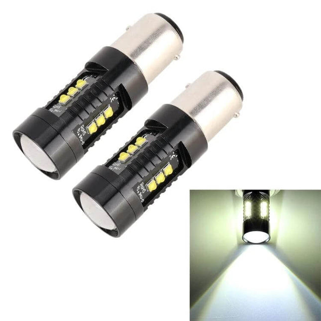2-Pack LED Car Brake Lights For Everyday Driving Use - pair of compact LED brake bulbs showing side LEDs and lit beam, easy install for daily drivers