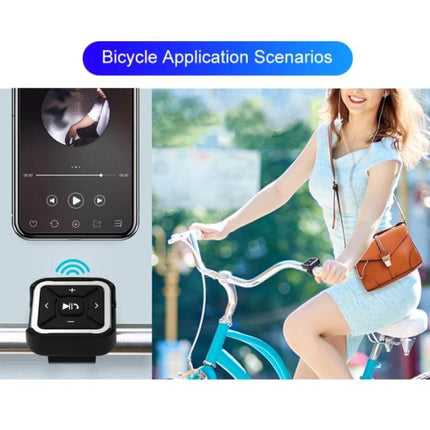 Car Bluetooth Hands Free Controller For Calls And Music mounted on bicycle handlebar showing woman riding bike and phone music playback
