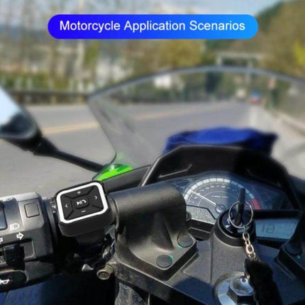 Car Bluetooth Hands Free Controller For Calls And Music mounted on motorcycle handlebar, compact remote for calls and music control while riding