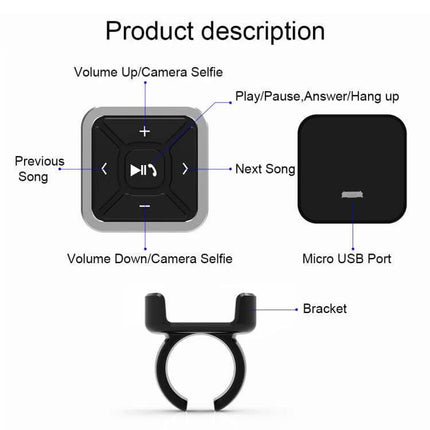 Car Bluetooth Hands Free Controller For Calls And Music compact square remote with play/pause, volume, next/previous, Micro USB and bike/car bracket