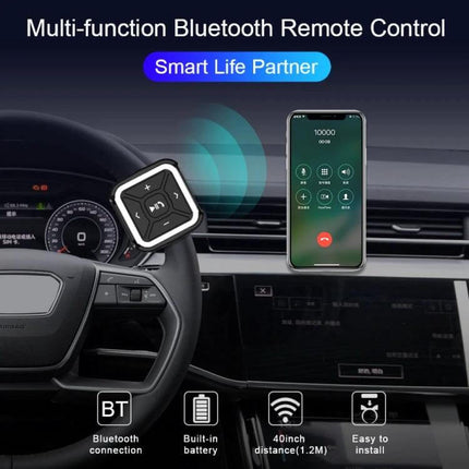 Car Bluetooth Hands Free Controller For Calls And Music mounted on steering wheel controlling phone calls and music in car