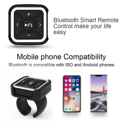 Car Bluetooth Hands Free Controller For Calls And Music compact smart remote on bike mount showing phone compatibility