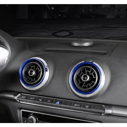 4 Pack Metal Air Outlet Decorative Rings for Audi A3, S3, Q2L installed on blue-accent dashboard air vents