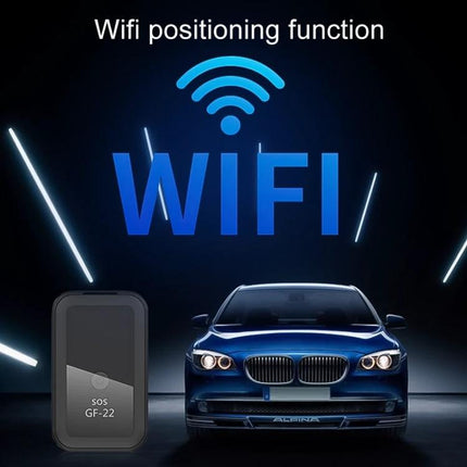 GF22 Magnetic Car GPS Tracker for Vehicle Security - compact magnetic GPS tracker with WiFi positioning shown beside blue sedan