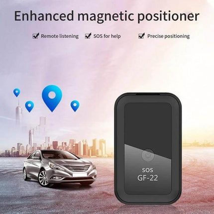 GF22 Magnetic Car GPS Tracker for Vehicle Security compact magnetic GPS tracker showing device, car, and map pins for precise positioning