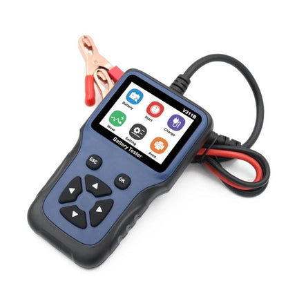 Essential Tool for Routine Car Battery Maintenance Checks - handheld 12V battery tester showing LCD menu with clamps
