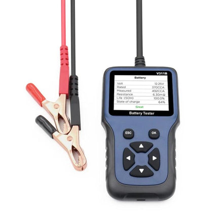 Essential Tool for Routine Car Battery Maintenance Checks - handheld 12V battery tester with clamps displaying voltage and state of charge
