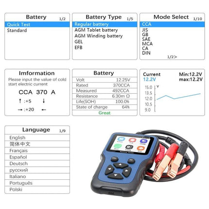 Essential Tool for Routine Car Battery Maintenance Checks - handheld 12V battery tester displaying voltage, CCA, resistance and language options