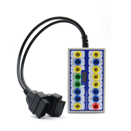 Reliable Break Out Box for Routine Vehicle Maintenance Tasks showing OBD2 connector and breakout box with multi-color test ports for diagnostics