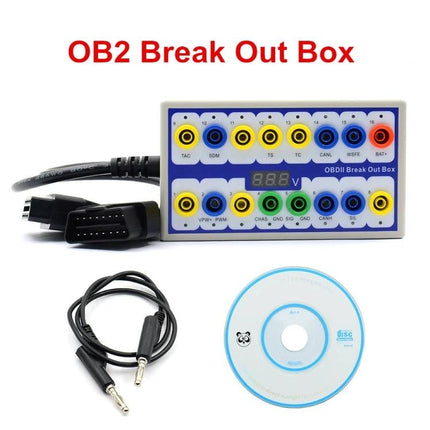 Reliable Break Out Box for Routine Vehicle Maintenance Tasks — OBDII breakout box with voltage monitor, test leads and CD for diagnostics