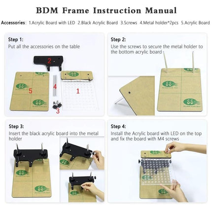 Compact Stand for Daily Vehicle Maintenance and Repair Tasks instruction manual showing parts and four assembly steps for secure diagnostic tool setup
