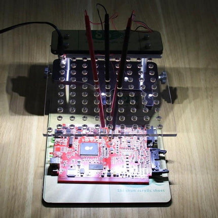 Compact Stand for Daily Vehicle Maintenance and Repair Tasks holding ECU board with probes for secure programming and diagnostic connections