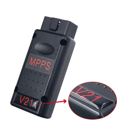 MPPS Diagnostic Tool for Routine Vehicle Maintenance Checks compact OBD2 module showing V21 label for home garage ECU diagnostics