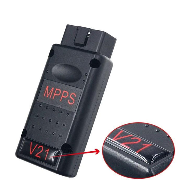MPPS Diagnostic Tool for Routine Vehicle Maintenance Checks compact OBD2 module showing V21 label for home garage ECU diagnostics