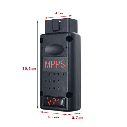MPPS Diagnostic Tool for Routine Vehicle Maintenance Checks black OBD2 dongle V21 showing dimensions for home garage ECU scans