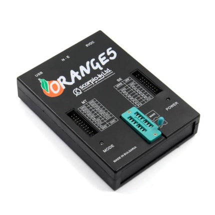 Orange5 Device for Home Electronics Repair Projects black programmer box with ZIF socket and labeled COM port charts for hobby electronics
