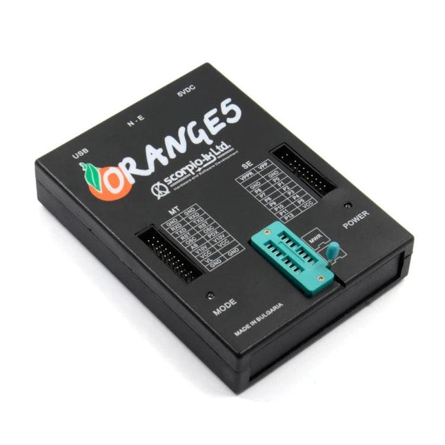 Orange5 Device for Home Electronics Repair Projects black programmer box with ZIF socket and labeled COM port charts for hobby electronics