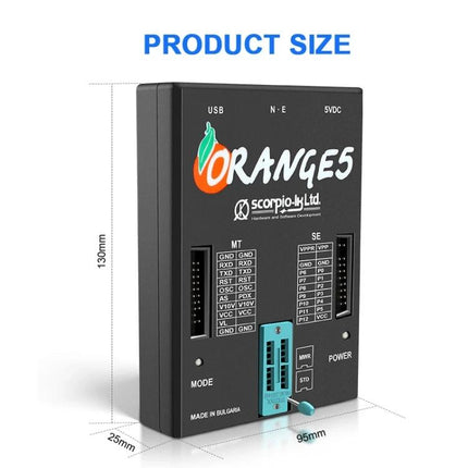 Orange5 Device for Home Electronics Repair Projects compact multi-port serial programmer with 20 COM port support, front view showing connectors and dimensions