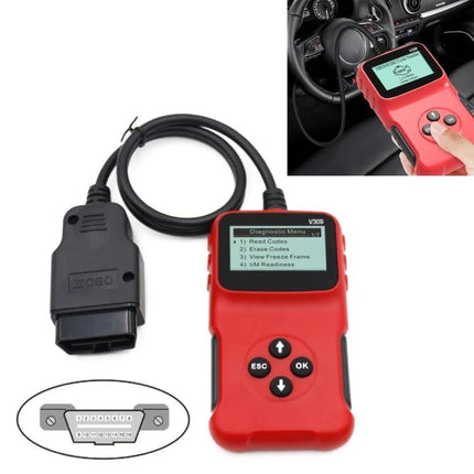 Car Diagnostic Tool for Daily Vehicle Health Checks - red OBD2 reader with cable showing diagnostic menu and hand-held use