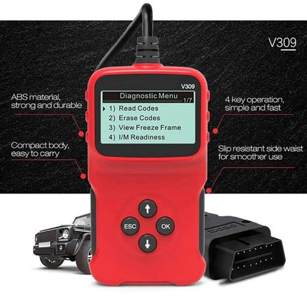 Car Diagnostic Tool for Daily Vehicle Health Checks red OBD2 reader showing diagnostic menu and connector