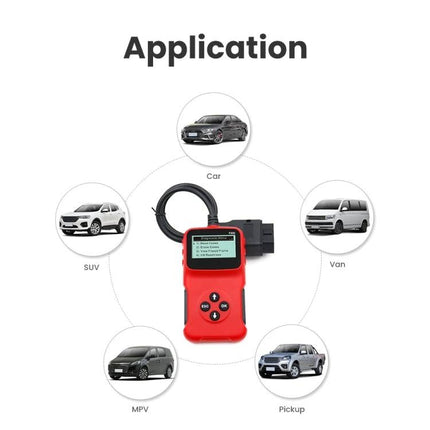 Car Diagnostic Tool for Daily Vehicle Health Checks — red OBD2 scanner shown with cable and vehicle types (car, SUV, van, MPV, pickup)