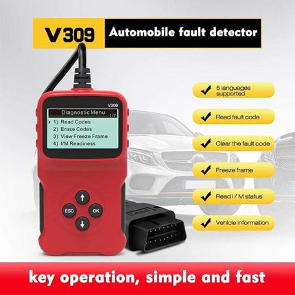 Car Diagnostic Tool for Daily Vehicle Health Checks - red OBD2 V309 reader showing diagnostic menu and OBD connector