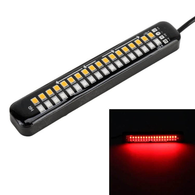 Dynamic Flowing Water Effect Motorcycle LED Turn Signal Light, 105mm - slim black LED bar showing flowing amber LEDs and red illumination example
