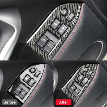 Carbon Fiber Decorative Sticker for Subaru BRZ and Toyota 86 2013-2017 shown on driver door panel before and after installation