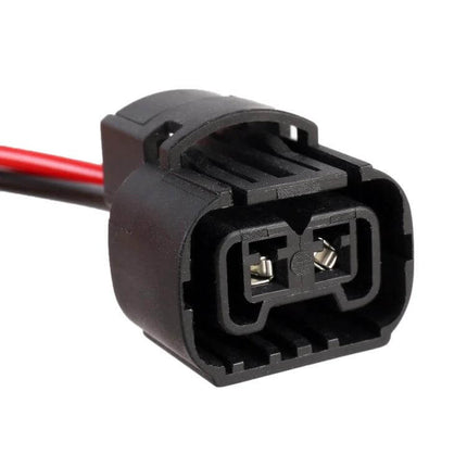 H16 Bulb Holder Base Female Socket With Cable For LED Bulbs 2 Pack close-up of black plastic two-pin adapter with red and black wires