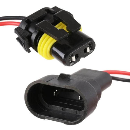 Car LED Strobe Lights 2 Pack For Daytime Car Headlights - close-up of black waterproof two-pin connector with red and black wires