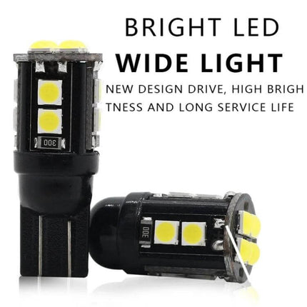 T10 Car Clearance Lights, 10 Pack, Cool White LED For Vehicles - close-up of two T10 wedge LED clearance lights showing multiple SMD chips and black PC housing