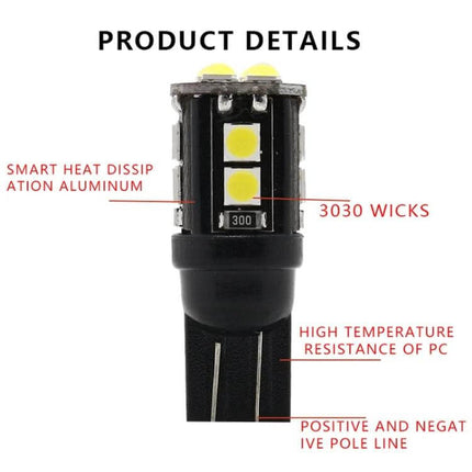 T10 Car Clearance Lights, 10 Pack, Cool White LED For Vehicles close-up of T10 wedge LED bulb showing 3030 SMDs, PC housing, and metal wedge base