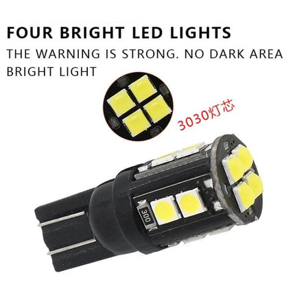 T10 Car Clearance Lights, 10 Pack, Cool White LED For Vehicles - close-up of T10 wedge bulb with four bright 3030 LED chips, black PC housing
