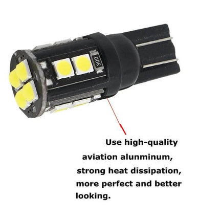 T10 Car Clearance Lights, 10 Pack, Cool White LED For Vehicles - close-up of single T10 wedge LED bulb showing multiple SMD chips and black PC housing