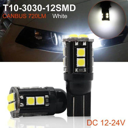 T10 Car Clearance Lights, 10 Pack, Cool White LED For Vehicles - 12V DC T10 wedge 3030 12SMD cool white marker lights shown installed and lit