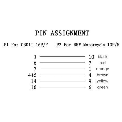 Cable for BMW Motorcycle Diagnostics and Maintenance Tools pin assignment diagram showing OBDII 16P to BMW 10P wiring and color codes