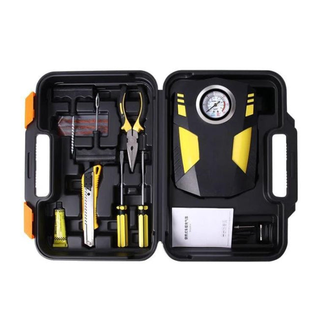 Essential Air Pump for Daily Vehicle Maintenance and Travel Inflation in a compact toolkit with gauge, hose and tools for tires, bikes and sports inflatables