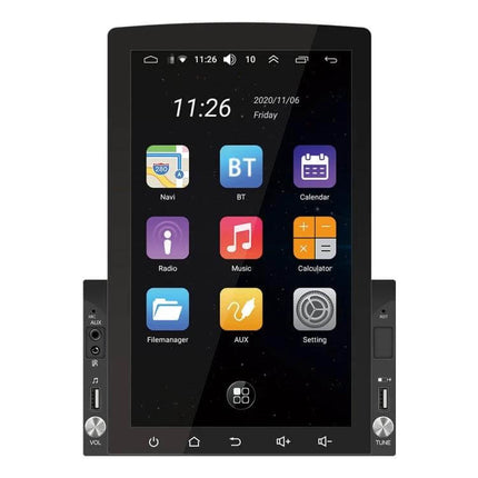 Android 10.1-Inch Car Navigation System with Phone and Steering Control dashboard touchscreen showing apps, navigation, BT, music and steering control support