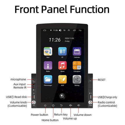 Android 10.1-Inch Car Navigation System with Phone and Steering Control front panel showing touchscreen icons, buttons, USB, AUX, mic and steering control labels