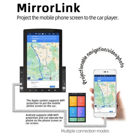 Android 10.1-Inch Car Navigation System with Phone and Steering Control showing MirrorLink phone screen projection and map navigation